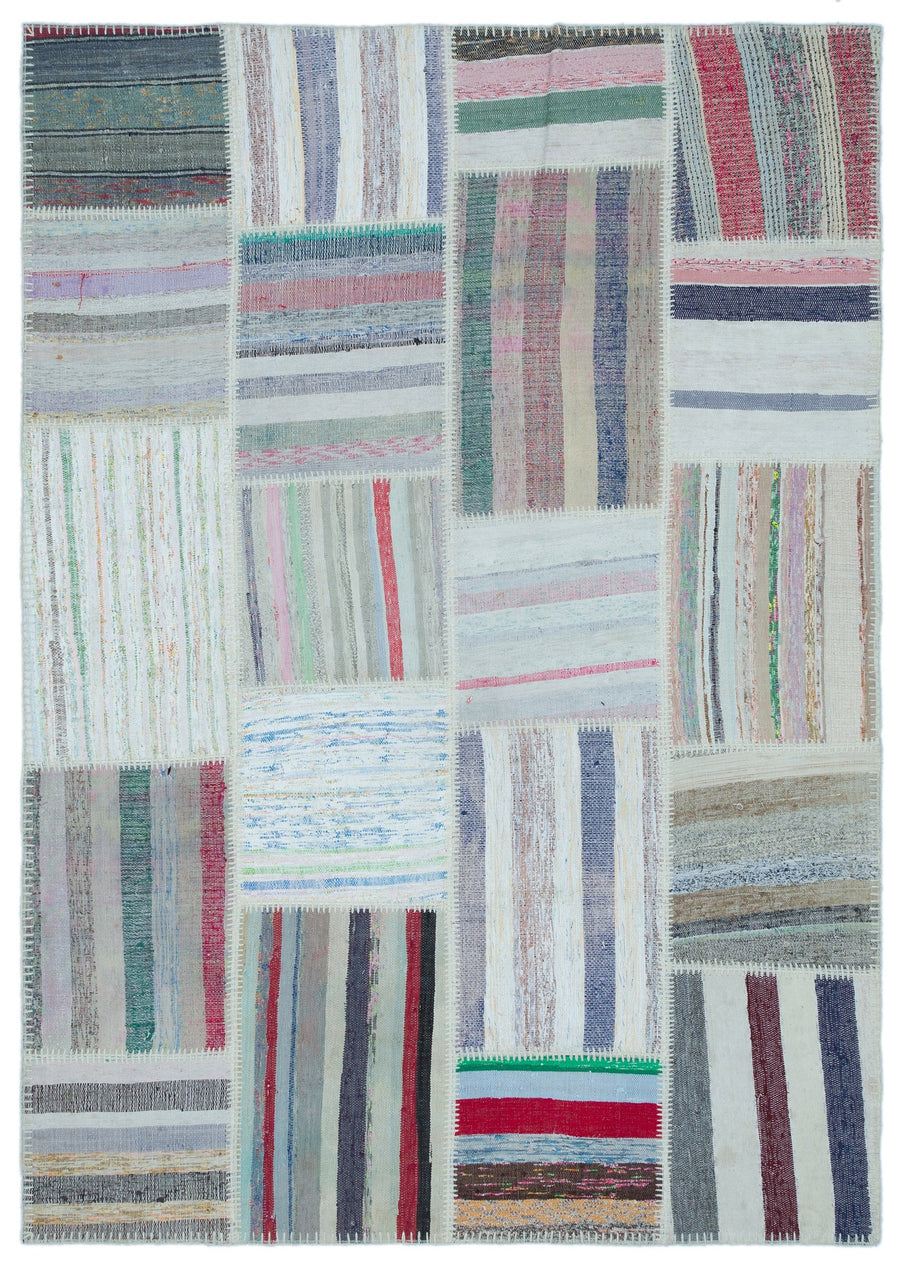 Kenove Beyaz ve Çok Renkli Çizgili El Dokuma Kilim 160x225 cm