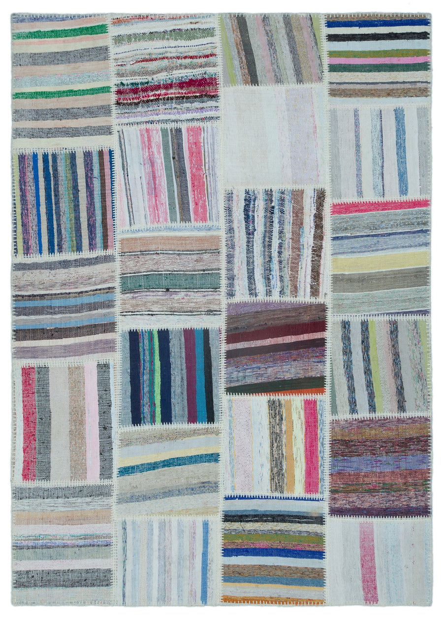 Kenove Çok Renkli ve Beyaz Çizgili El Dokuma Kilim 160x225 cm