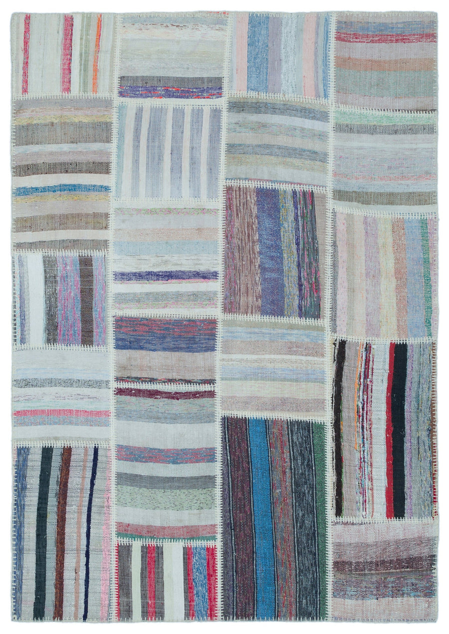 Kenove Gri ve Çok Renkli Çizgili El Dokuma Kilim 160x226 cm