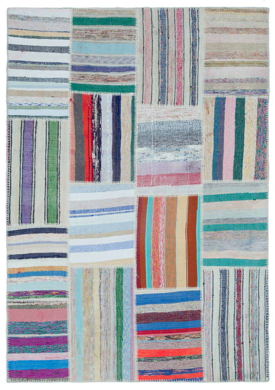 Kenove Çok Renkli ve Beyaz Çizgili El Dokuma Kilim 160x225 cm