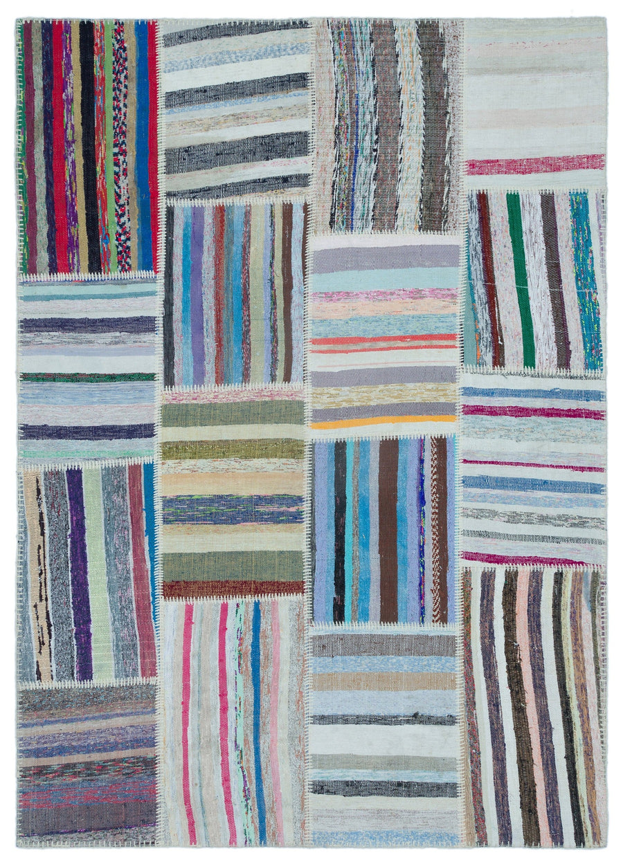 Kenove Çok Renkli ve Beyaz Çizgili El Dokuma Kilim 160x227 cm