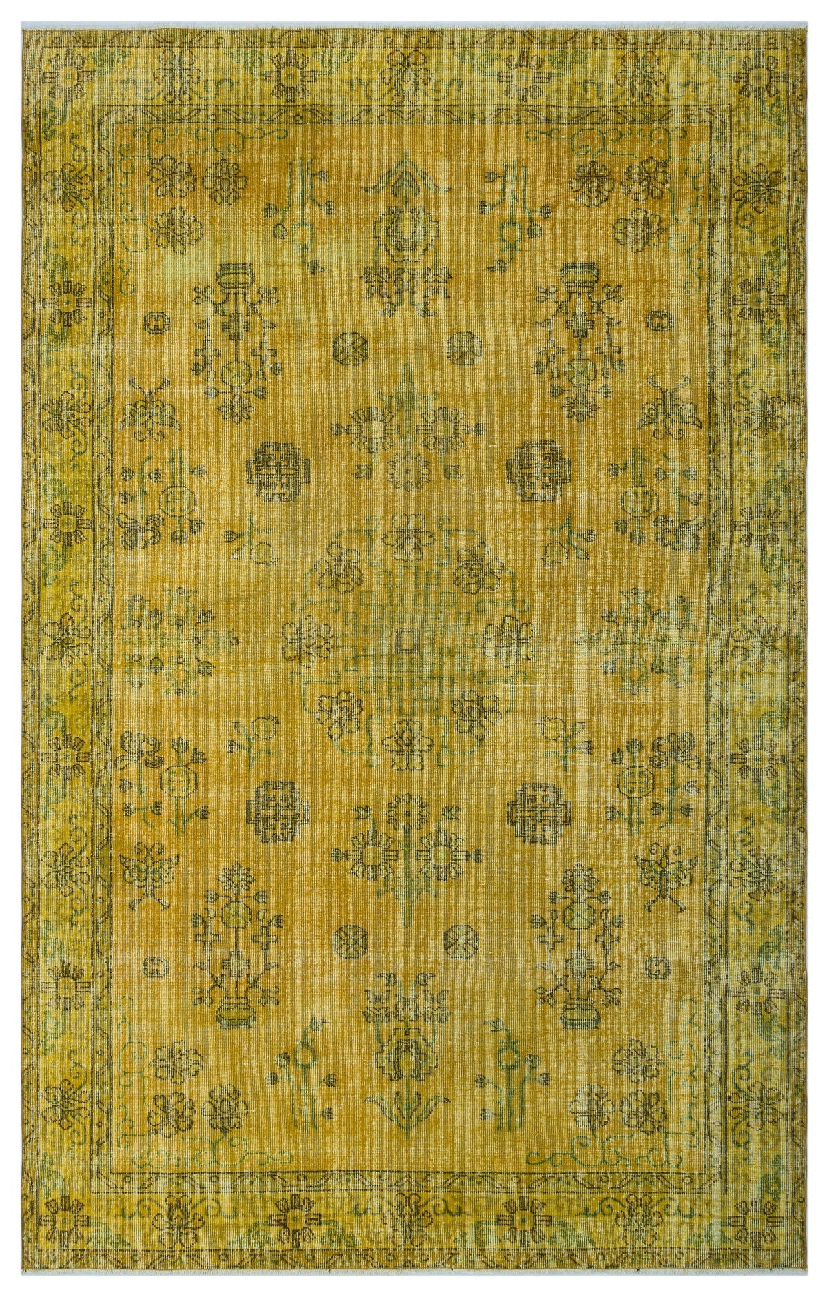 Tirena Sarı ve Yeşil Madalyon Desenli El Dokuma Halı 183x294 cm