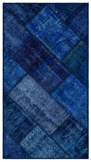 Kilva Mavi ve Lacivert Patchwork Desenli El Dokuma Halı 80x150 cm
