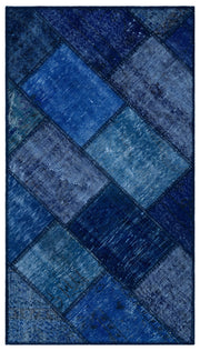 Kilva Mavi ve Lacivert Patchwork Desenli El Dokuma Halı 80x150 cm