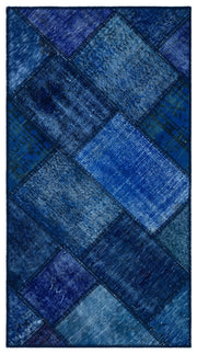 Kilva Mavi ve Lacivert Patchwork Desenli El Dokuma Halı 80x150 cm