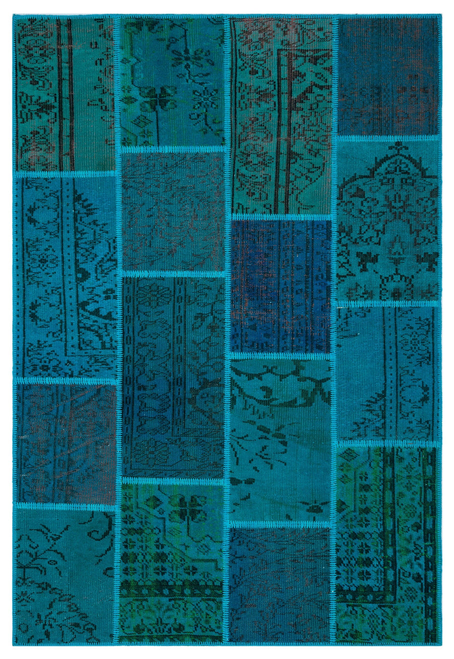 Kilva Turkuaz ve Lacivert Patchwork Desenli El Dokuma Halı 158x232 cm