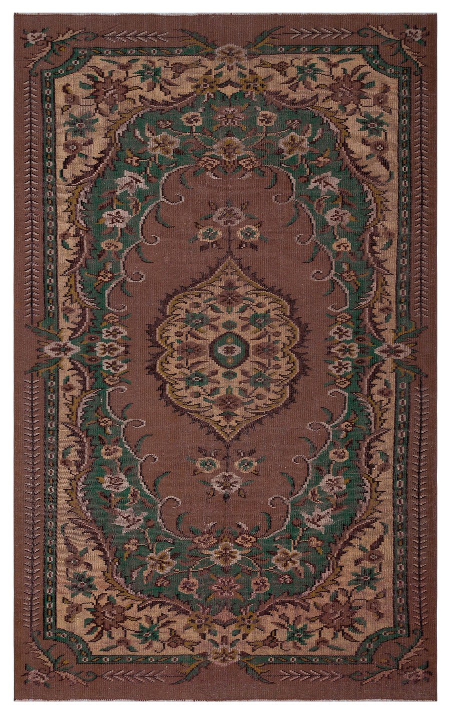 Tirena Kahverengi ve Yeşil Madalyon Desenli El Dokuma Halı 172x278 cm