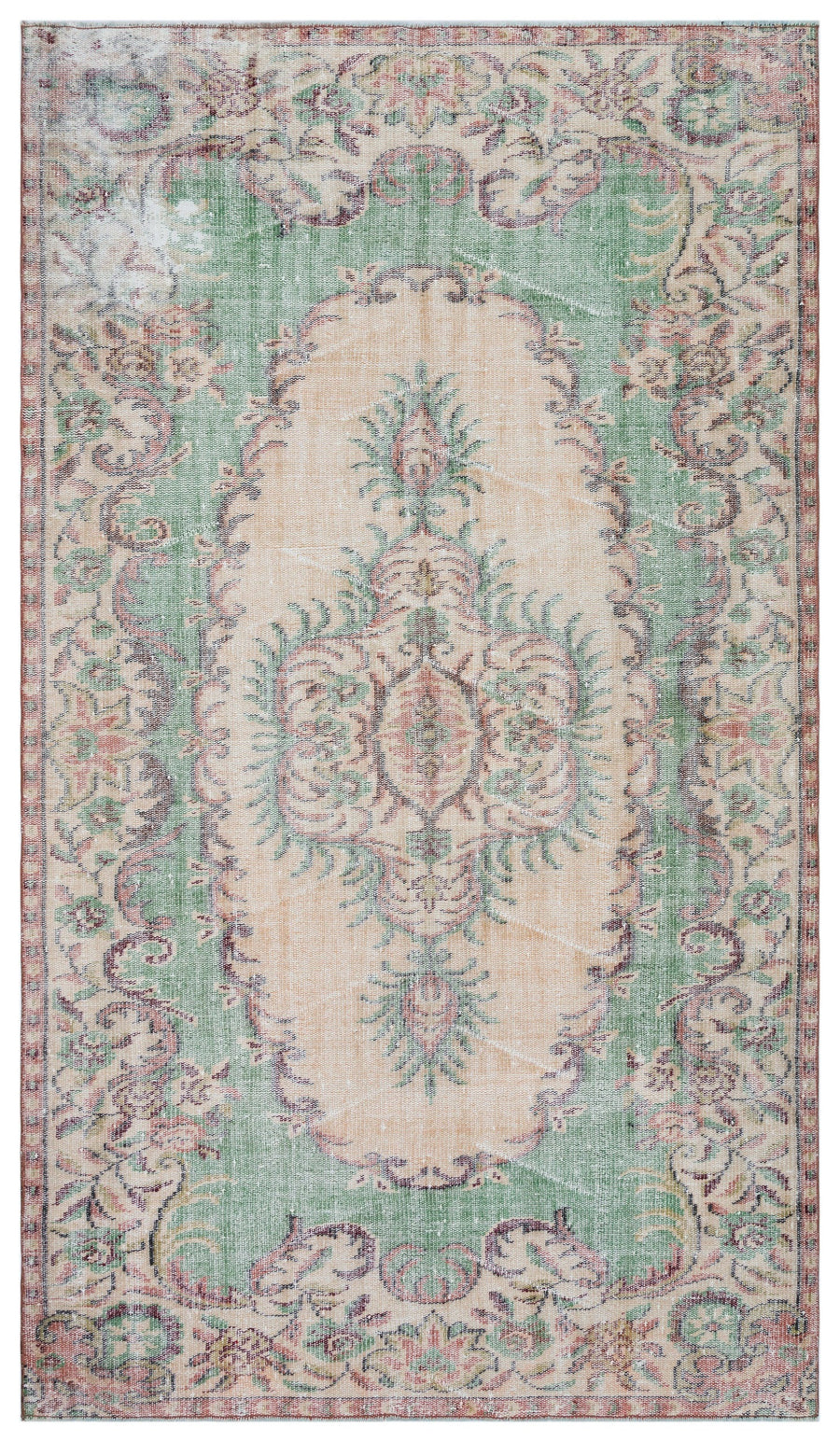 Tirena Yeşil ve Bej Madalyon Desenli El Dokuma Halı 151x267 cm