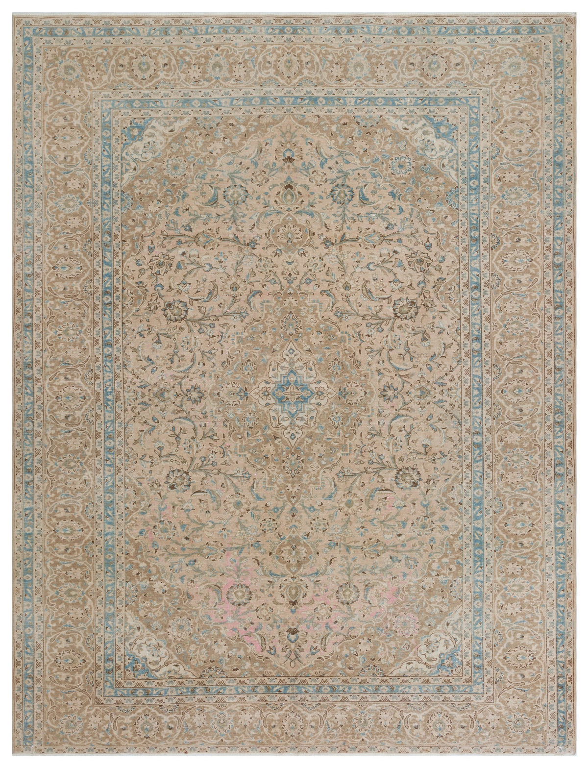 Navyel Bej ve Mavi Madalyon Desenli El Dokuma Halı 290x382 cm