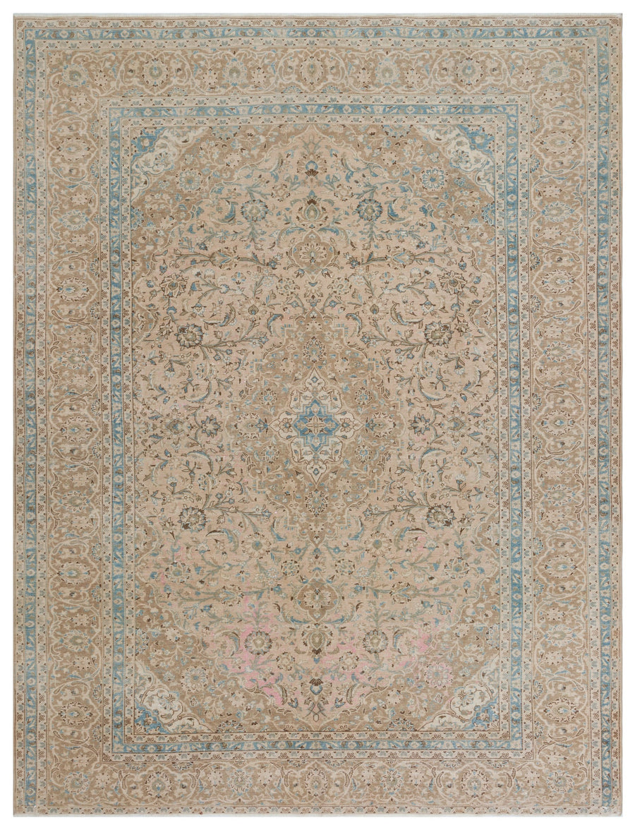Navyel Bej ve Mavi Madalyon Desenli El Dokuma Halı 290x382 cm