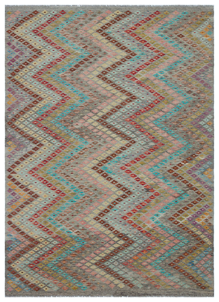 Virera Gri ve Çok Renkli Geometrik Desenli El Dokuma Halı 180x250 cm