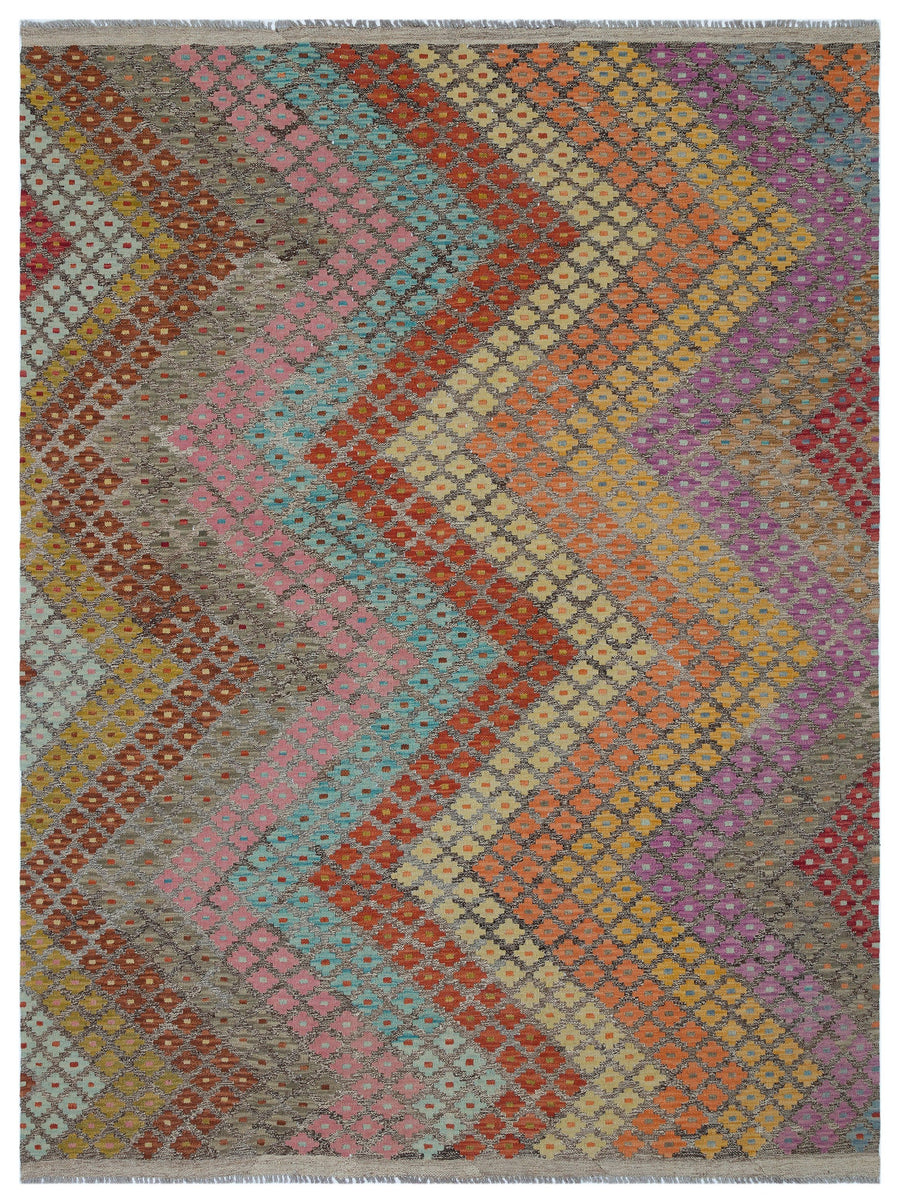 Virera Gri ve Çok Renkli Geometrik Desenli El Dokuma Halı 184x242 cm