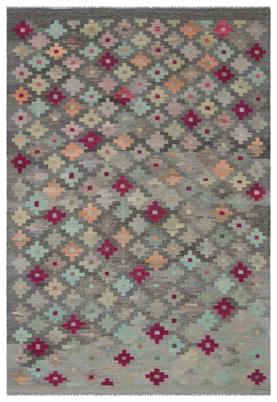 Virera Gri ve Çok Renkli Geometrik Desenli El Dokuma Halı 170x246 cm