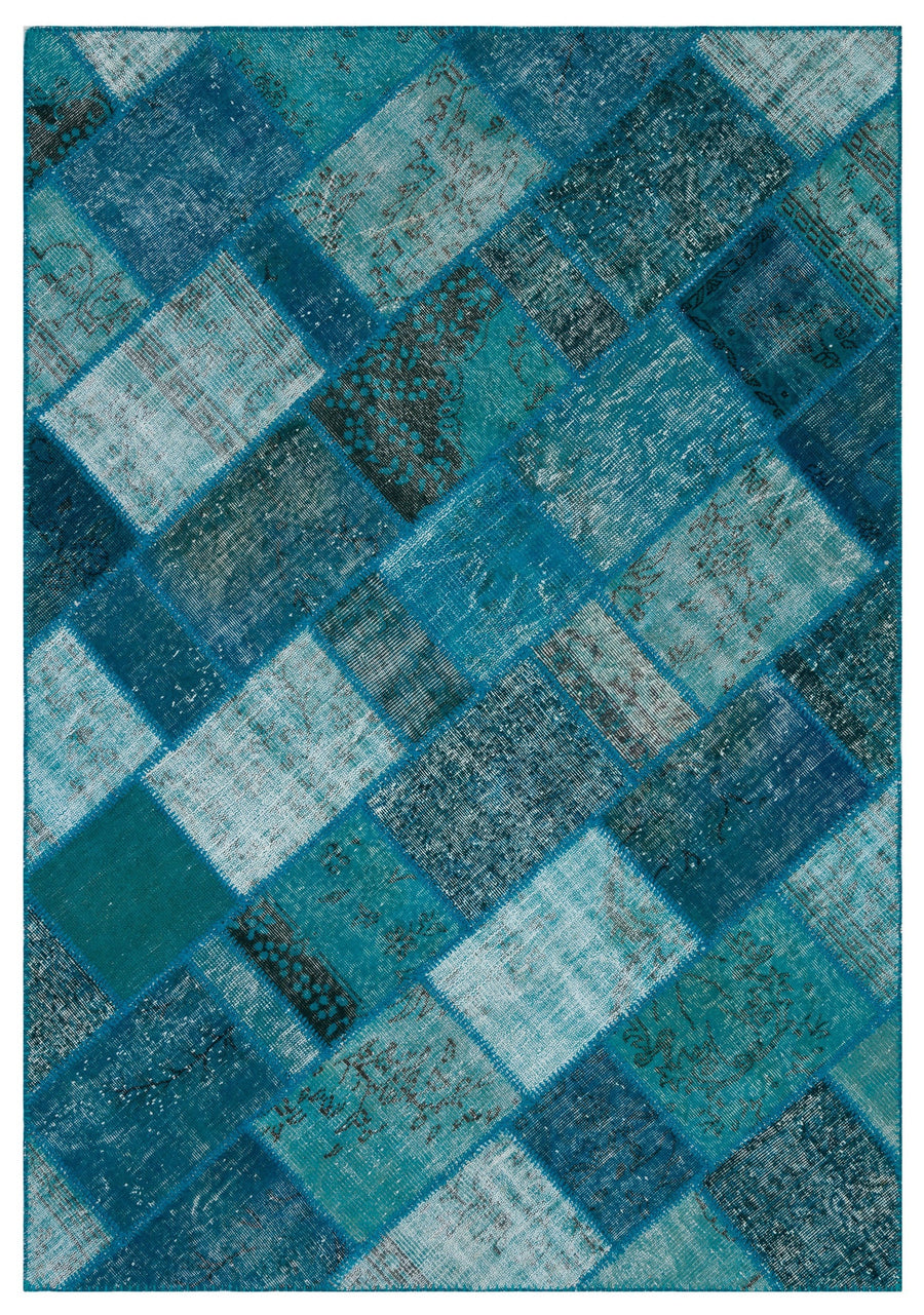 Kilva Turkuaz ve Lacivert Patchwork Desenli El Dokuma Halı 160x230 cm