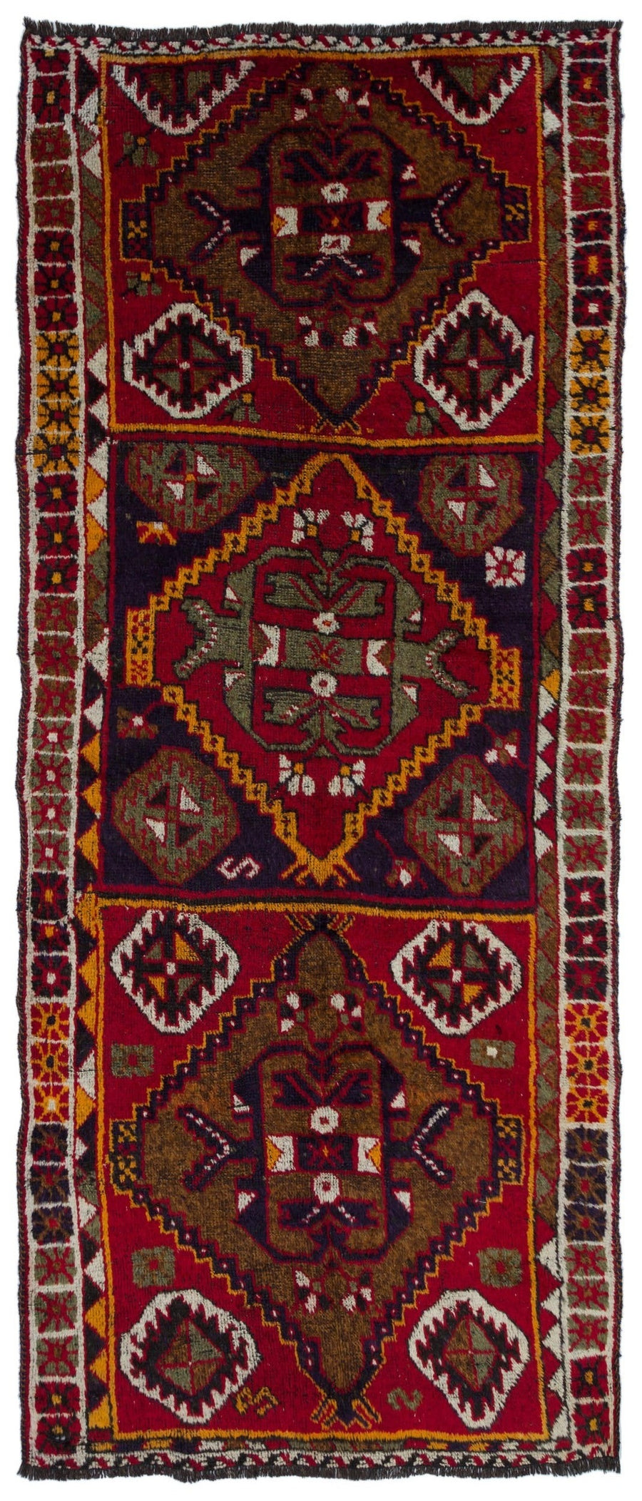 Limove Kırmızı ve Kahverengi Geometrik Desenli El Dokuma Halı 130x314 cm