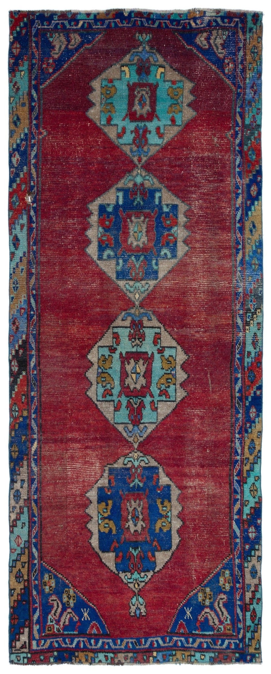 Limove Kırmızı ve Lacivert Madalyon Desenli El Dokuma Halı 113x298 cm
