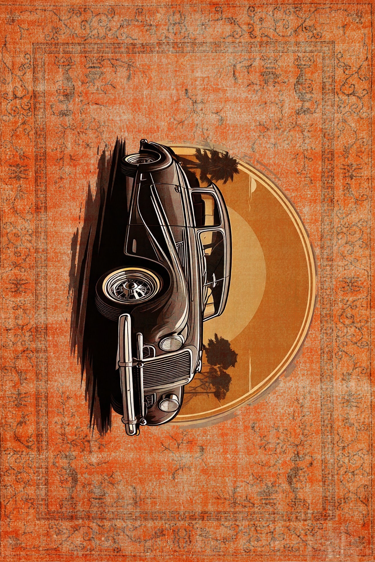 Turuncu Vintage Klasik Araba Desenli Halı