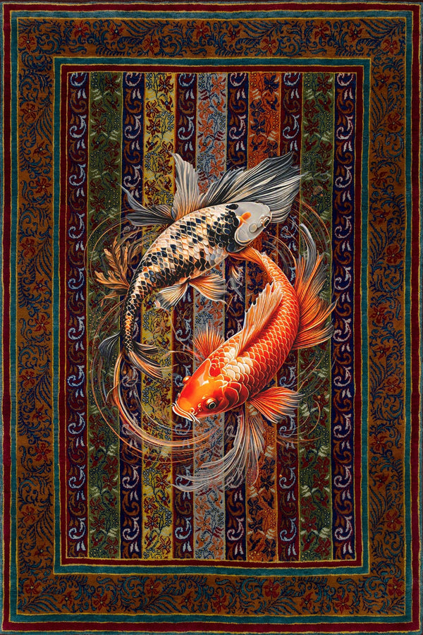 Koi Balığı Desenli Kaymaz Tabanlı Yıkanabilir Halı