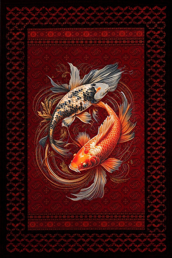 Koi Balığı Desenli Kaymaz Tabanlı Yıkanabilir Halı