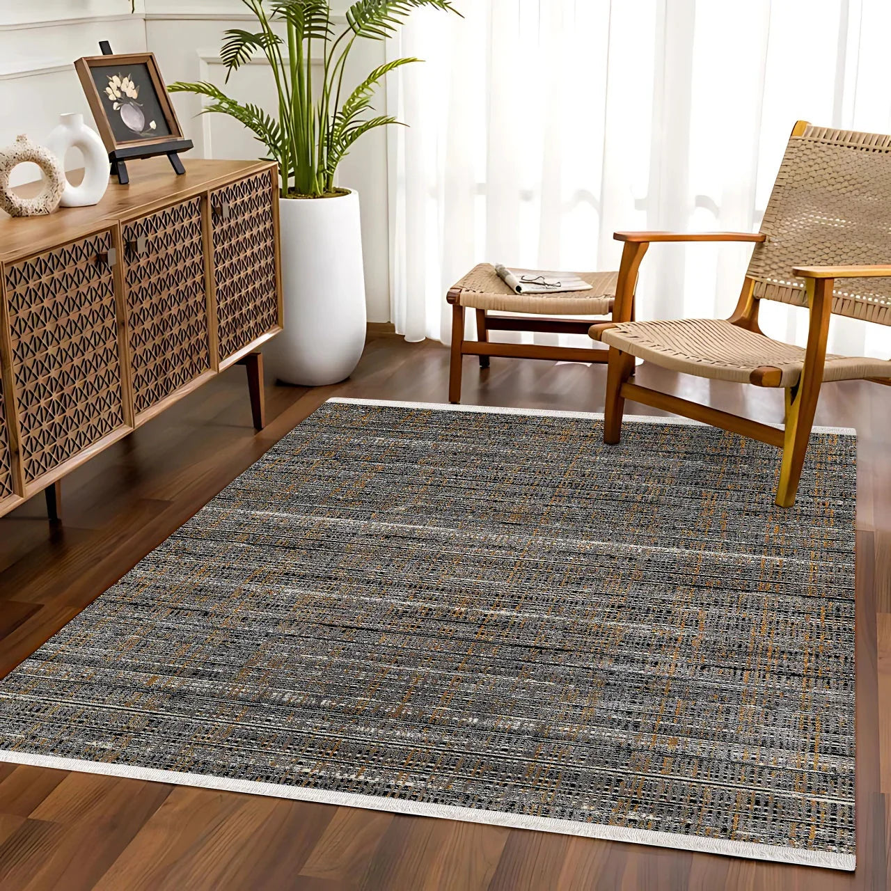 Antrasit Gri Dokulu Minimalist Halı - Yıkanabilir - Kaymaz Taban - Pati Dostu
