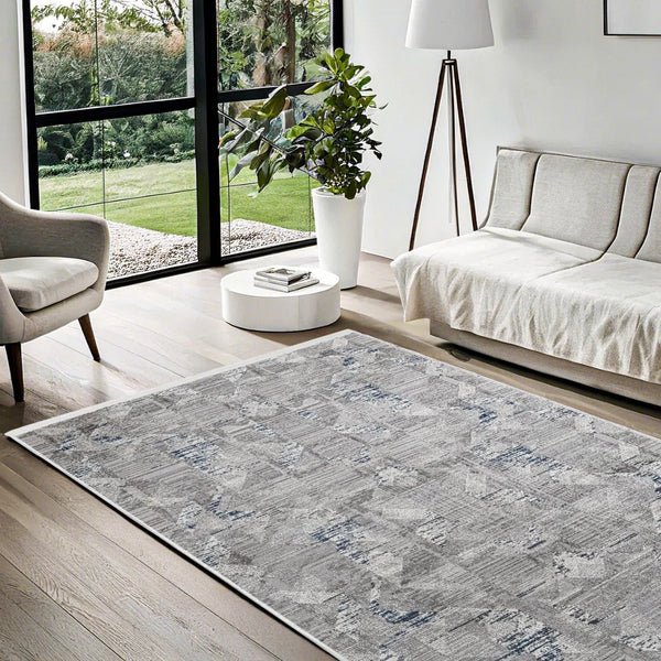 Gri Mavi Minimalist Modern Halı - Yıkanabilir - Kaymaz Taban - Pati Dostu