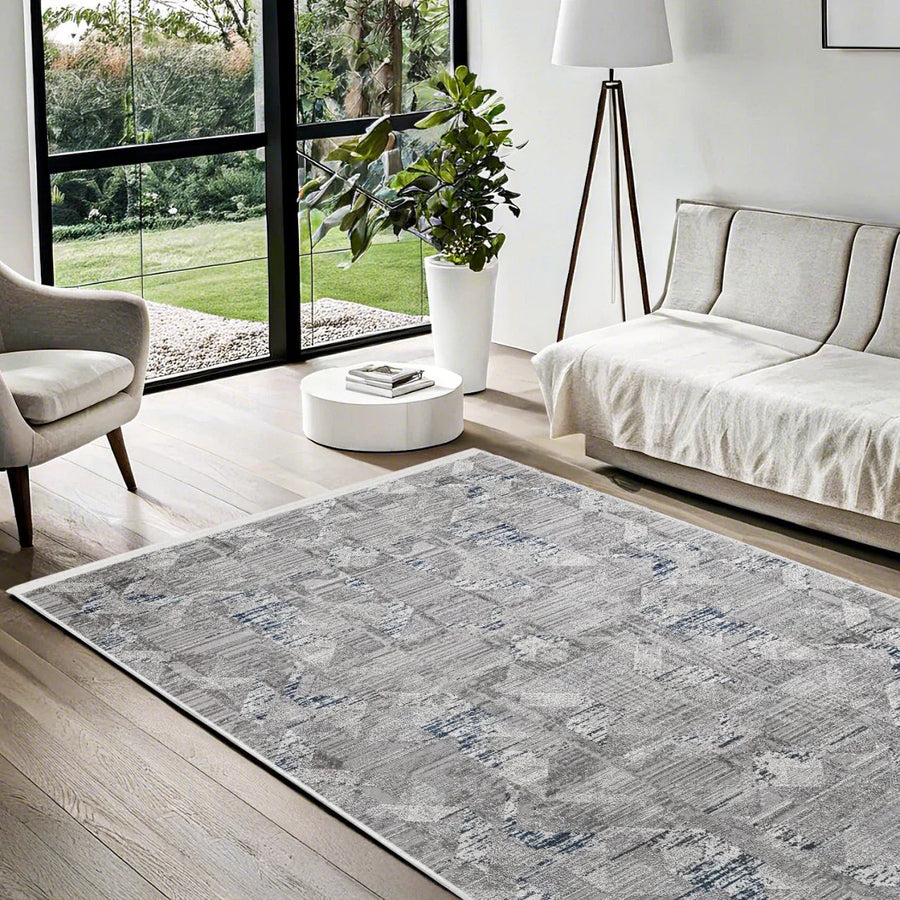 Grey and Blue Geometric Area Rug, Machine Washable – image 2