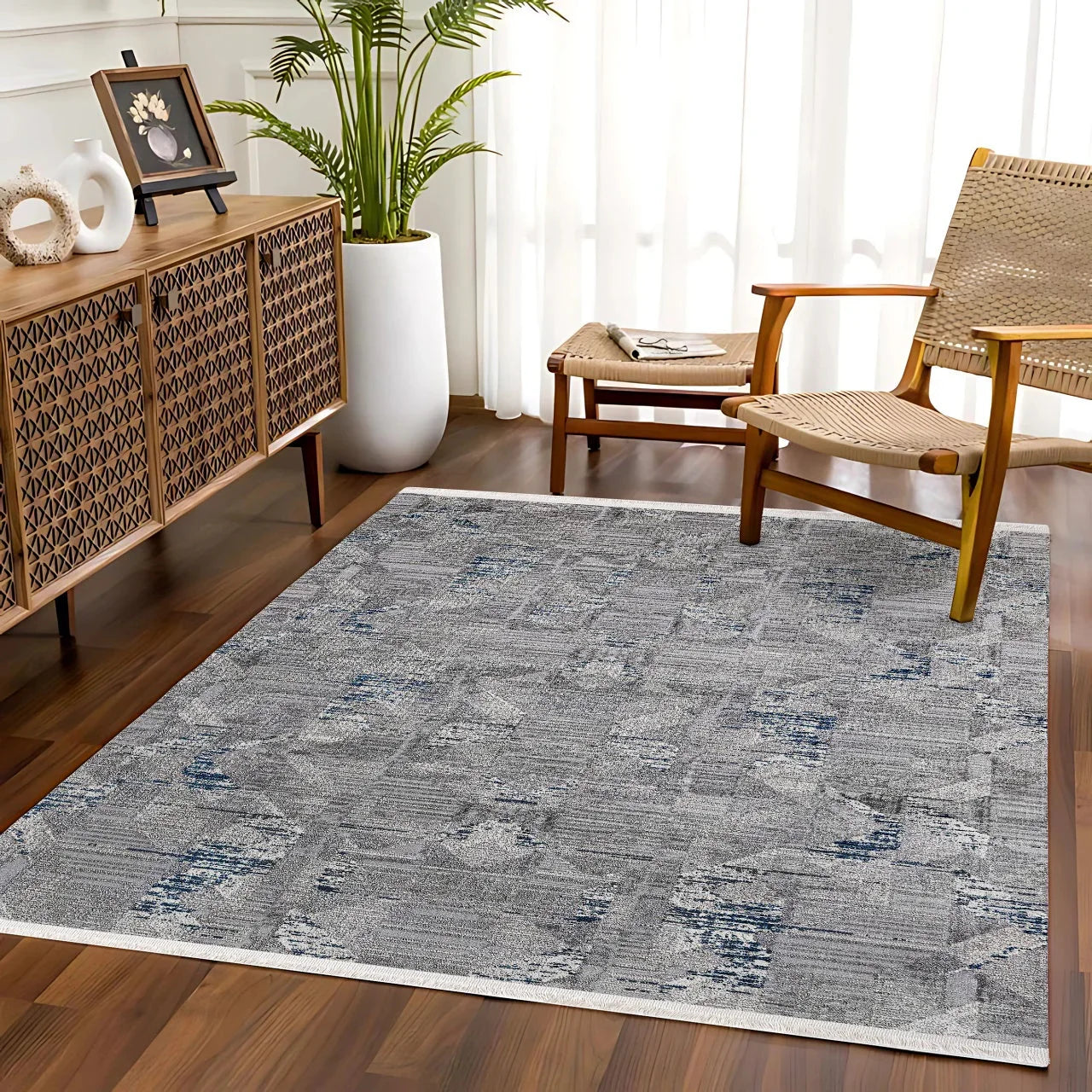 Gri Mavi Minimalist Modern Halı - Yıkanabilir - Kaymaz Taban - Pati Dostu