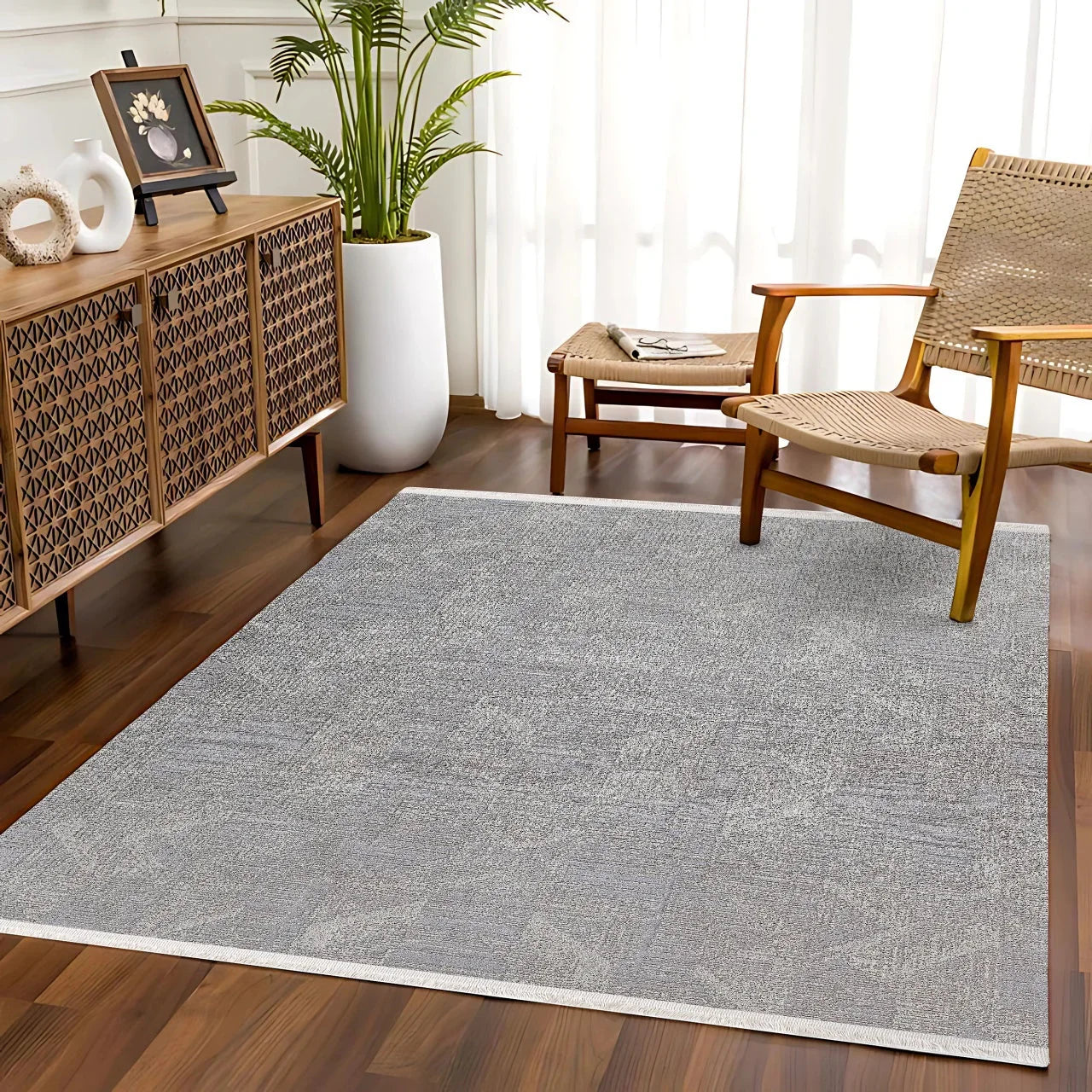 Beyaz Gri Dokulu Minimalist Halı - Yıkanabilir - Kaymaz Taban - Pati Dostu