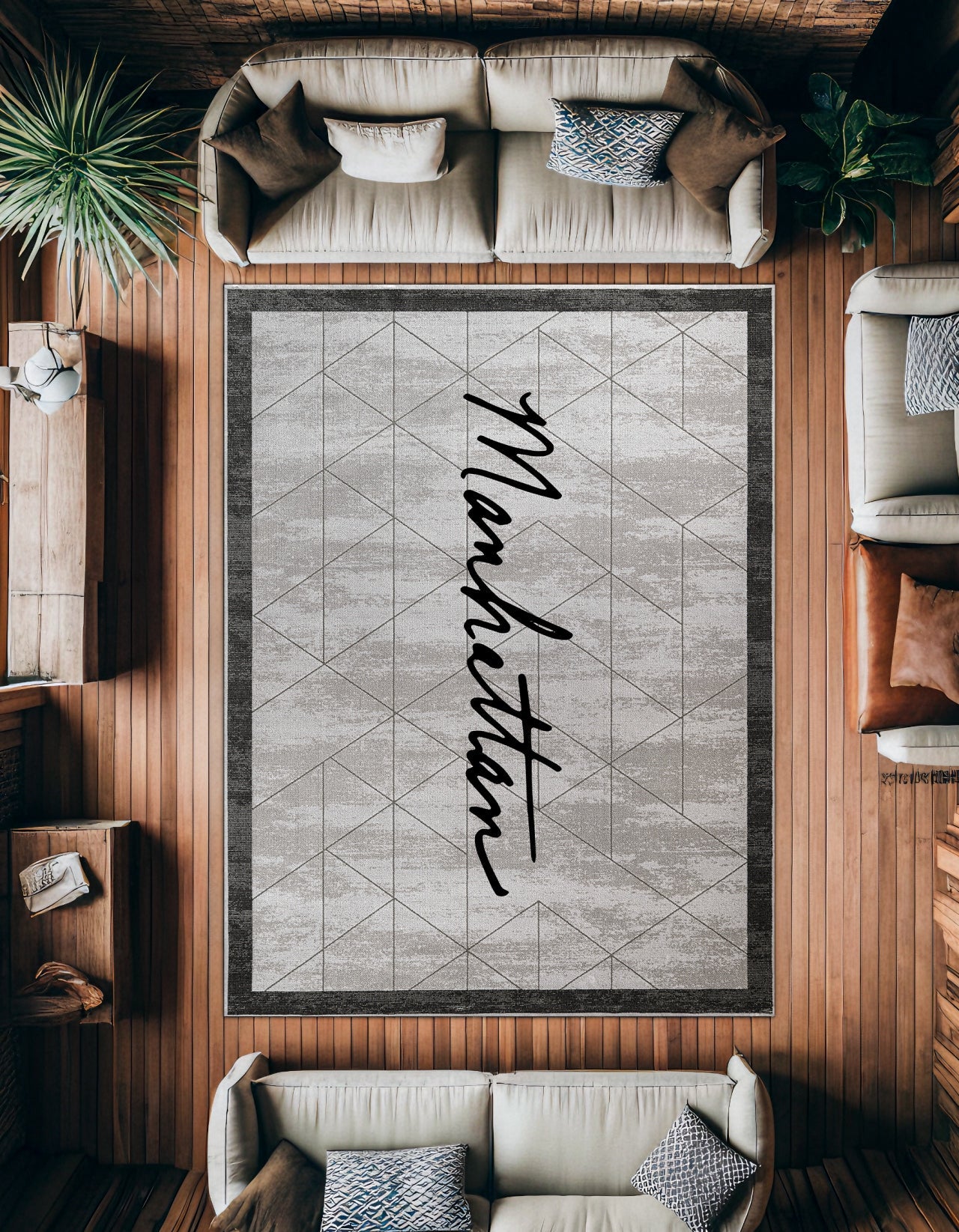 Açık Gri Koyu Gri Minimalist Geometrik Salon Halısı - Polyester