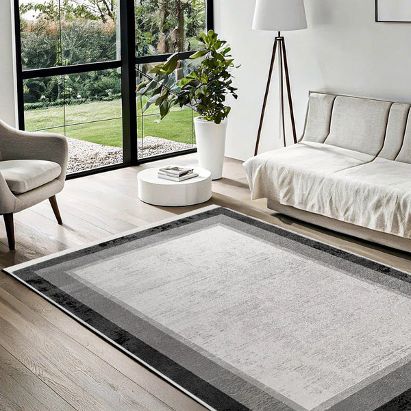 Antrasit Gri Bordürlü Minimalist Halı - Yıkanabilir - Kaymaz Taban - Pati Dostu