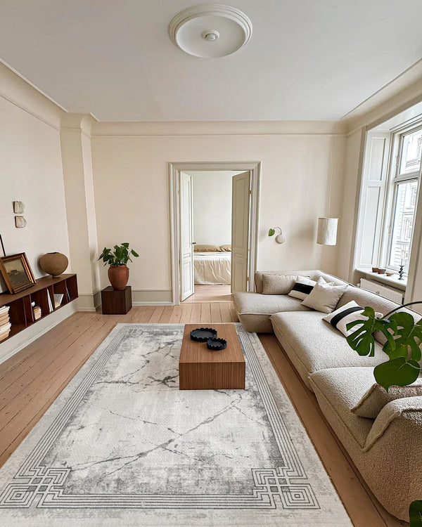 Beyaz Gri Mermer Desenli Minimalist Halı - Yıkanabilir - Kaymaz Taban - Pati Dostu
