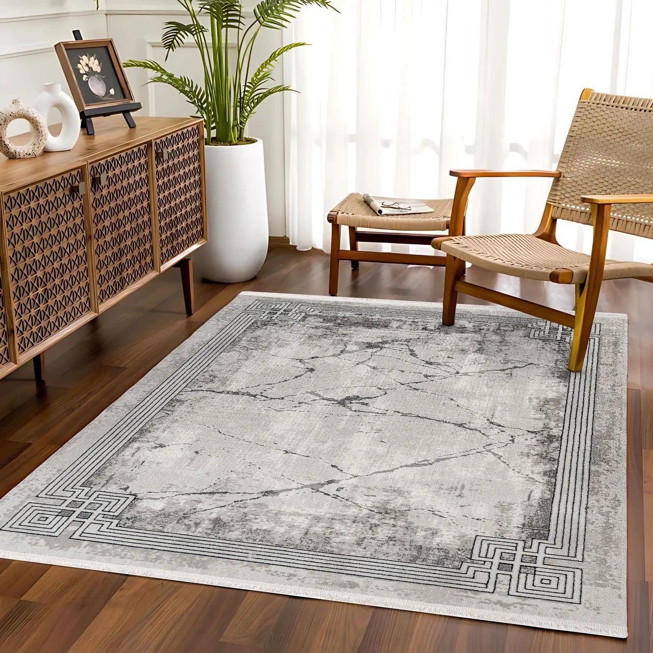 Beyaz Gri Mermer Desenli Minimalist Halı - Yıkanabilir - Kaymaz Taban - Pati Dostu