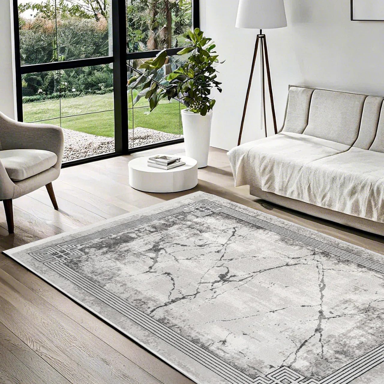 Beyaz Gri Mermer Desenli Minimalist Halı - Yıkanabilir - Kaymaz Taban - Pati Dostu
