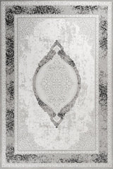 Light Gray Dark Gray Distressed Medallion Living Room Rug - Cotton Machine Woven