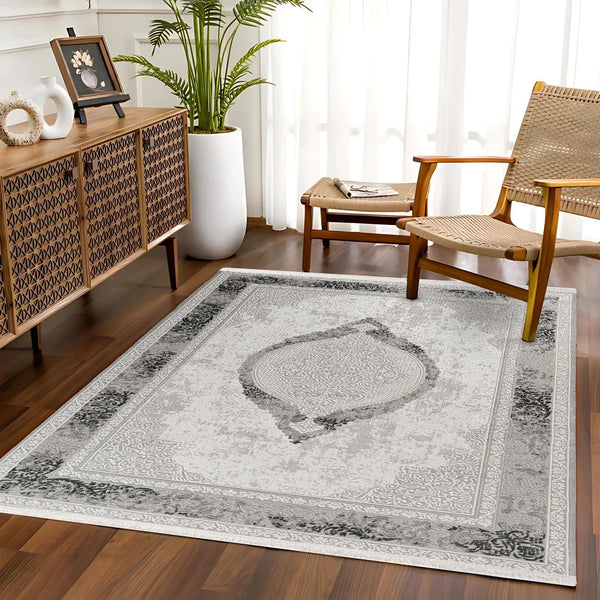 Antrasit Gri Göbekli Minimalist Halı - Yıkanabilir - Kaymaz Taban - Pati Dostu