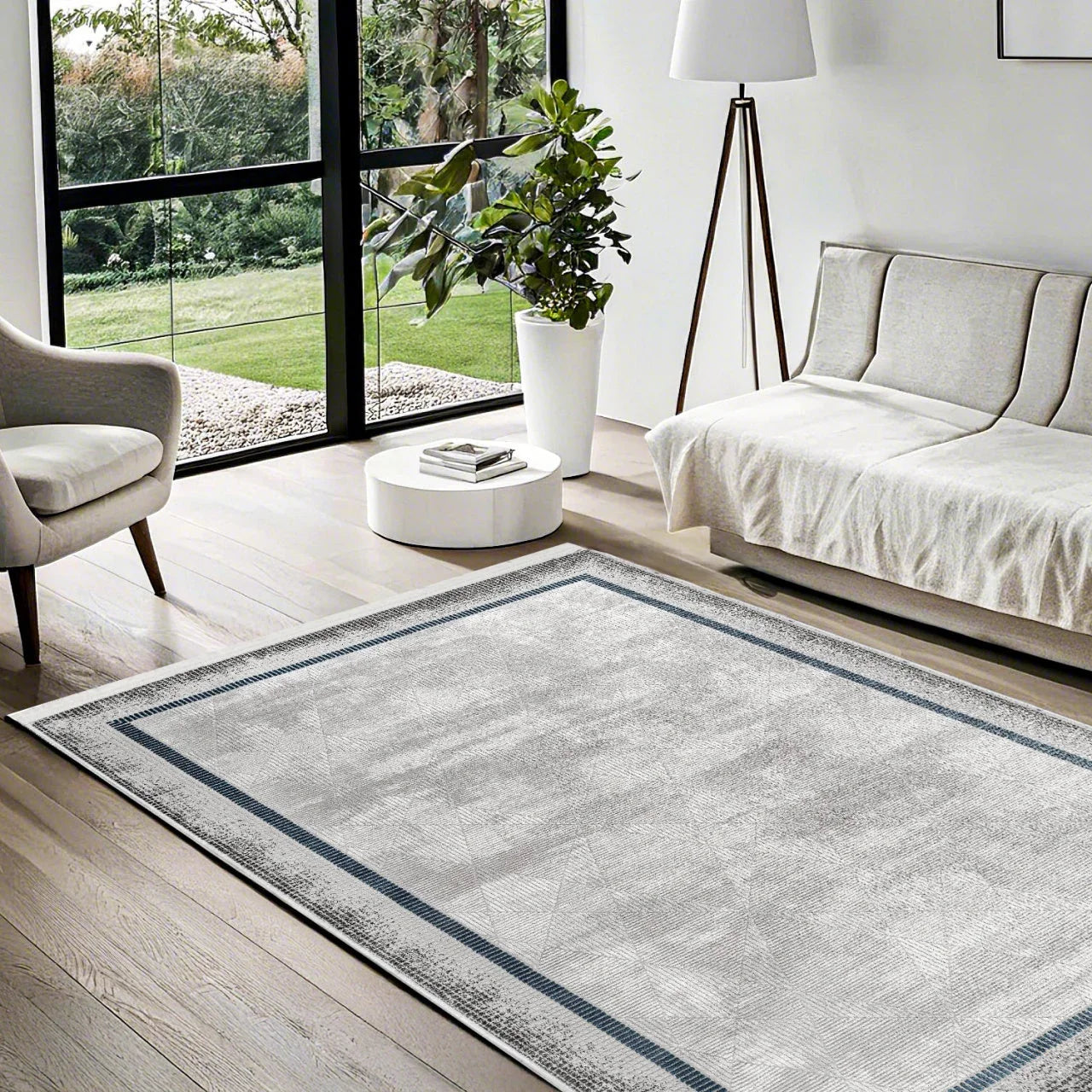 Beyaz Gri Bordürlü Minimalist Halı - Yıkanabilir - Kaymaz Taban - Pati Dostu