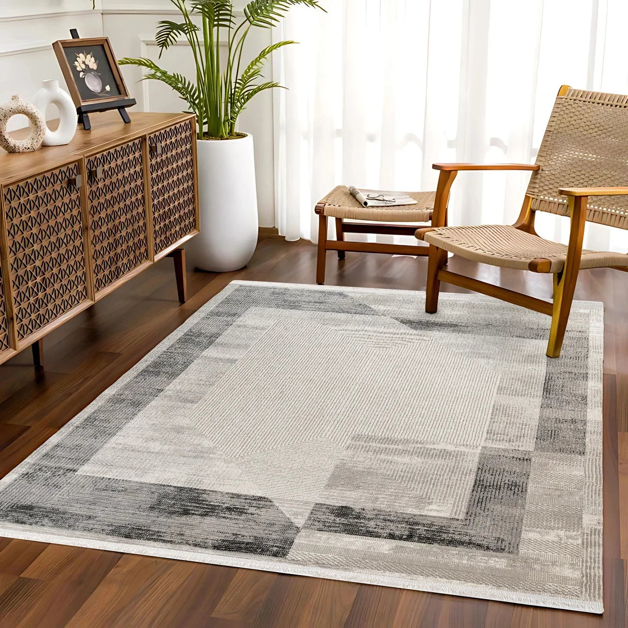 Antrasit Gri Minimalist Modern Halı - Yıkanabilir - Kaymaz Taban - Pati Dostu