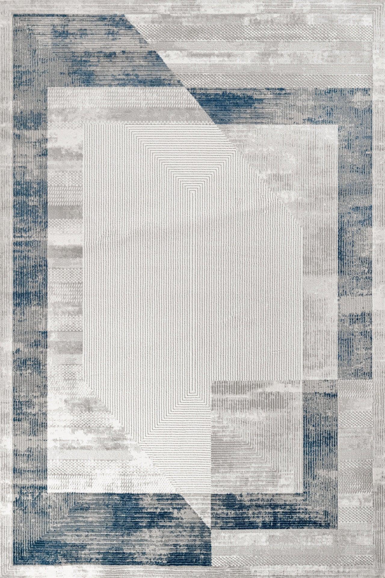 Mavi Bordürlü Minimalist Halı - Yıkanabilir - Kaymaz Taban - Pati Dostu
