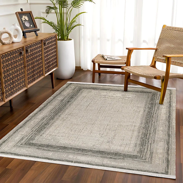 Bej Gri Bordürlü Minimalist Halı - Yıkanabilir - Kaymaz Taban - Pati Dostu