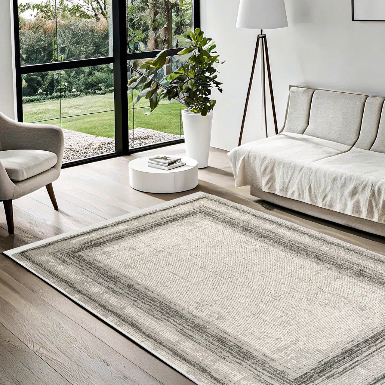 Bej Gri Bordürlü Minimalist Halı - Yıkanabilir - Kaymaz Taban - Pati Dostu
