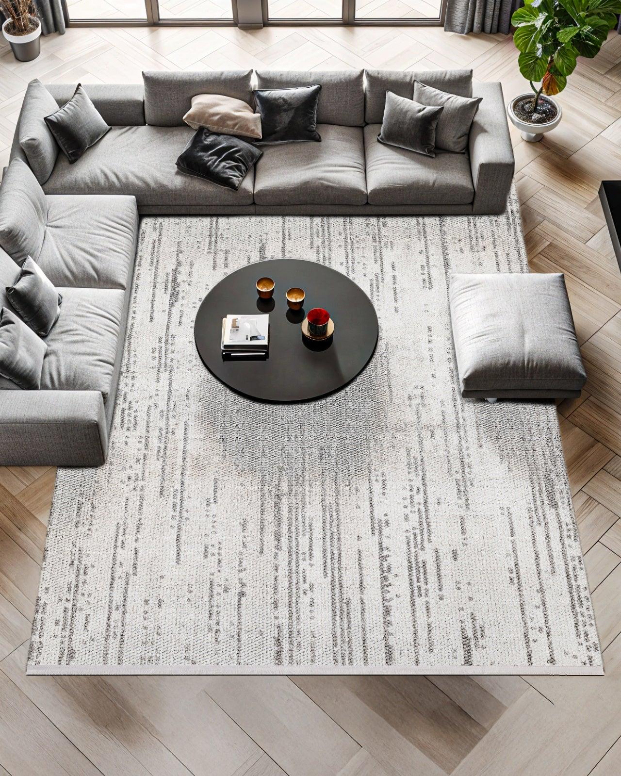 Antrasit Beyaz Minimalist Modern Halı - Yıkanabilir - Kaymaz Taban - Pati Dostu