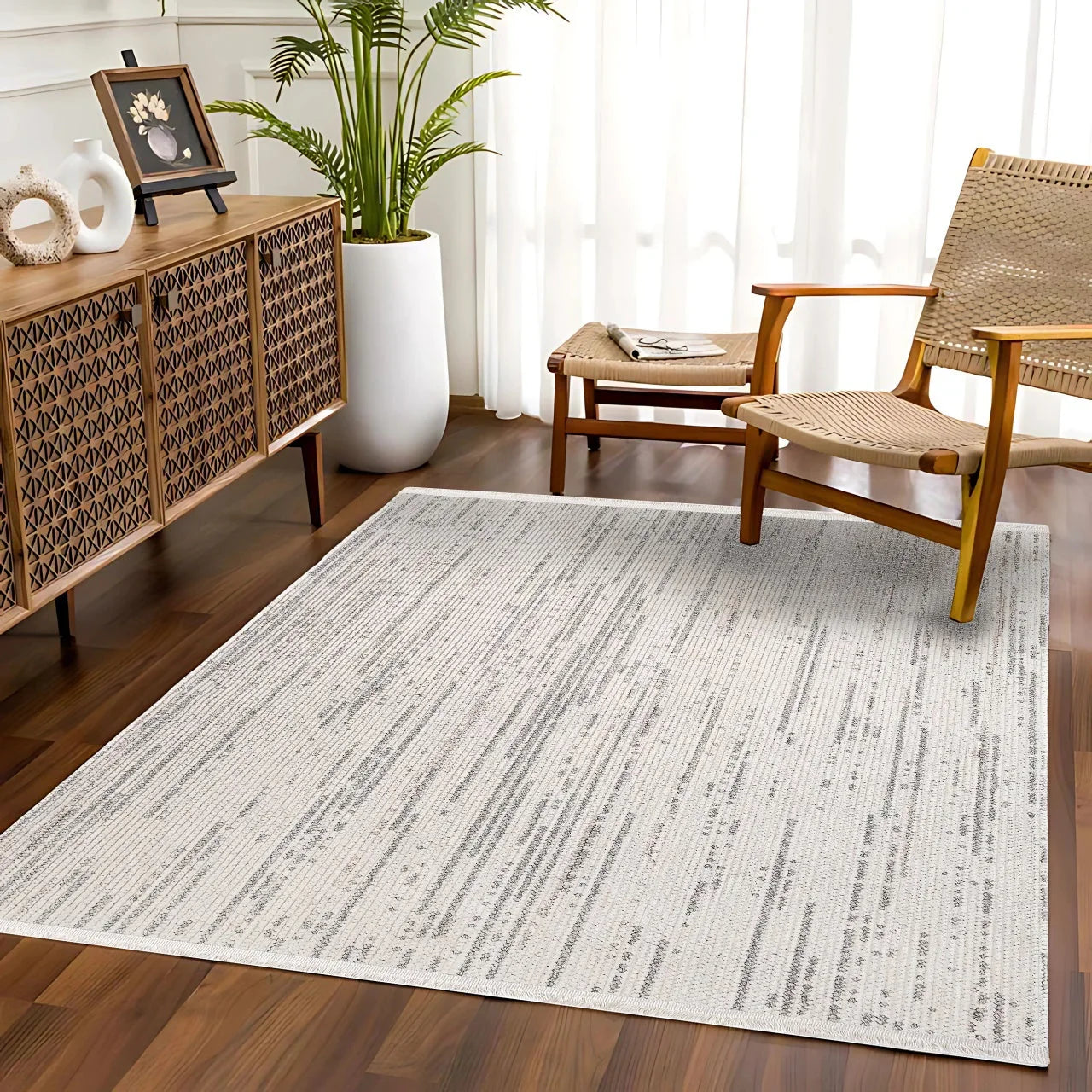 Beyaz Gri Minimalist Modern Halı - Yıkanabilir - Kaymaz Taban - Pati Dostu