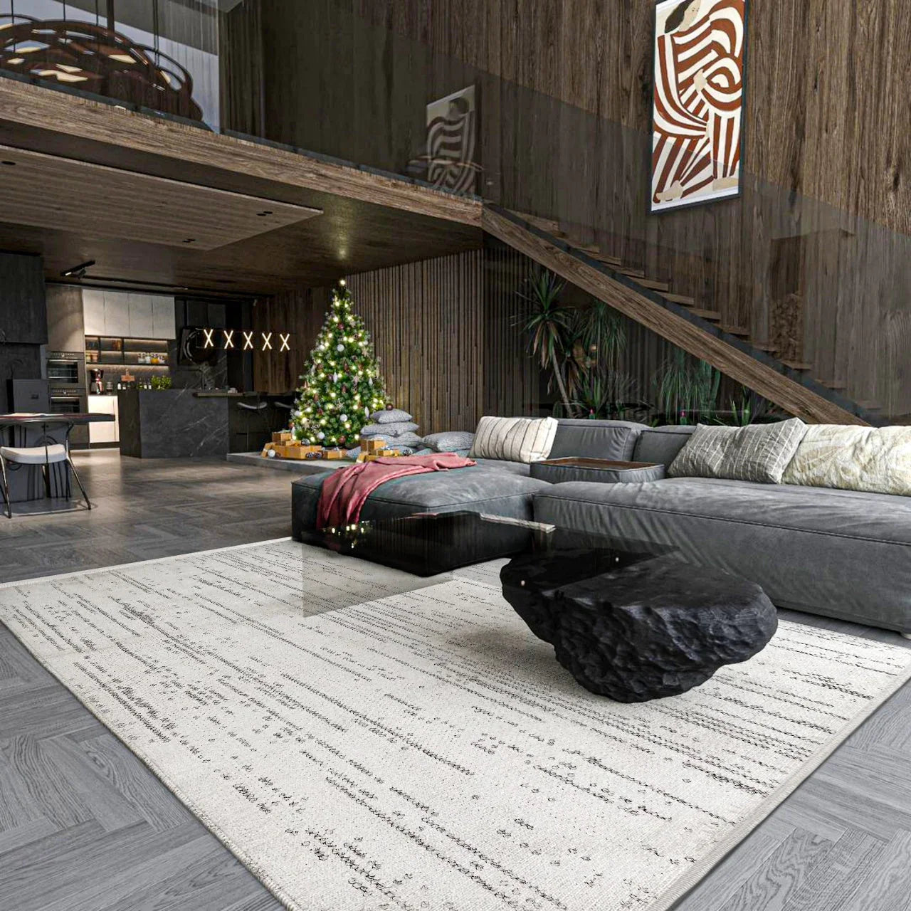 Beyaz Gri Minimalist Modern Halı - Yıkanabilir - Kaymaz Taban - Pati Dostu