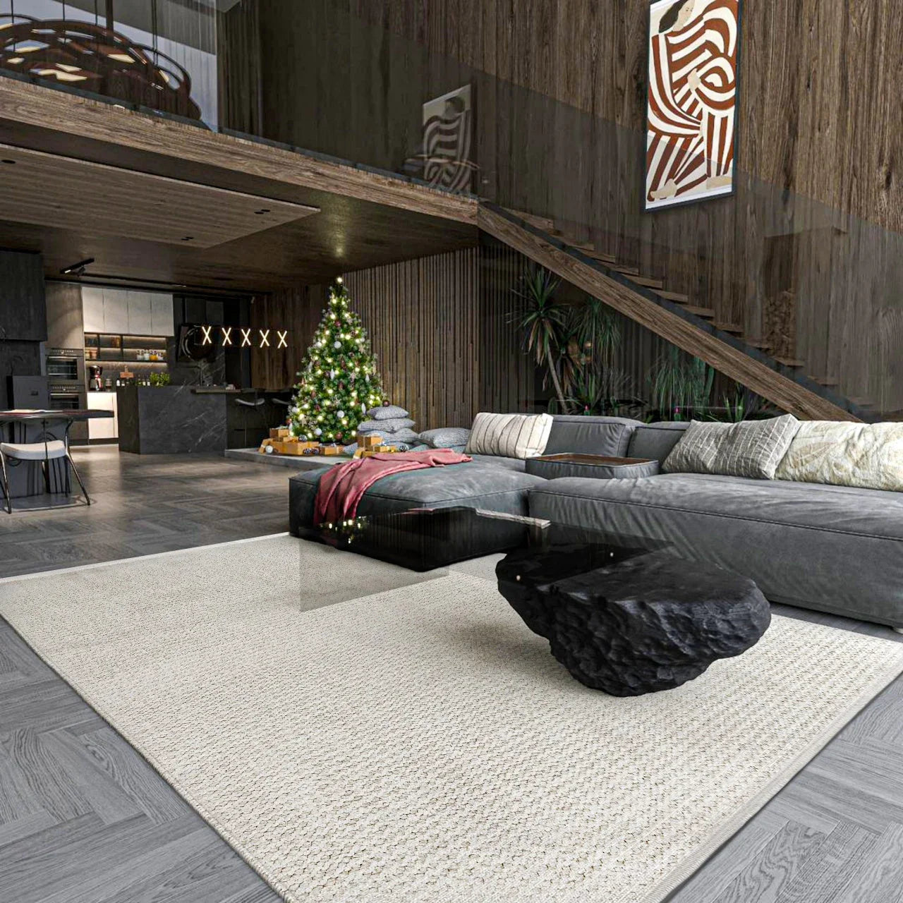 Bej Ekru Dokulu Minimalist Halı - Yıkanabilir - Kaymaz Taban - Pati Dostu