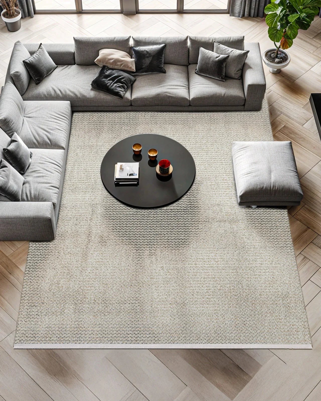 Bej Ekru Dokulu Minimalist Halı - Yıkanabilir - Kaymaz Taban - Pati Dostu