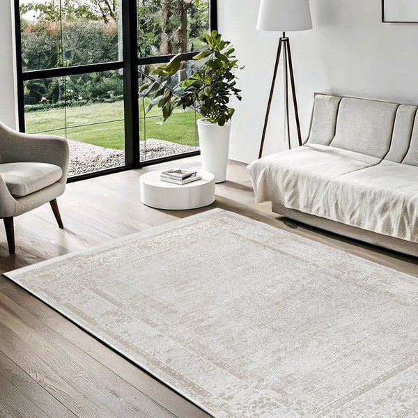 Bej Krem Bordürlü Minimalist Halı - Yıkanabilir - Kaymaz Taban - Pati Dostu