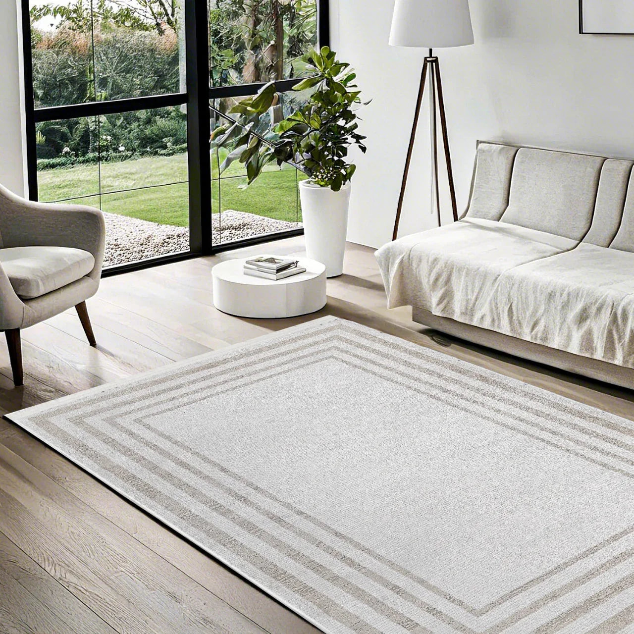 Beyaz Gri Bordürlü Minimalist Halı - Yıkanabilir - Kaymaz Taban - Pati Dostu