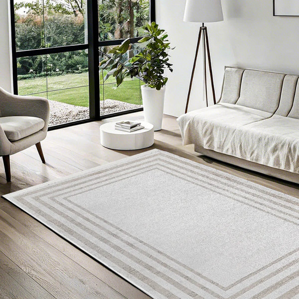 Beyaz Gri Bordürlü Minimalist Halı - Yıkanabilir - Kaymaz Taban - Pati Dostu
