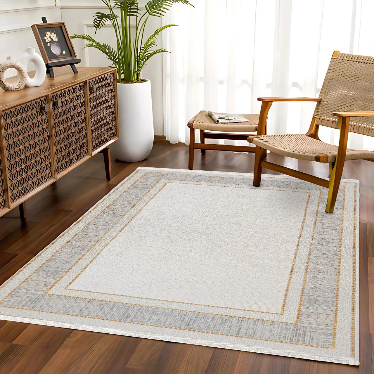 Antrasit Beyaz Bordürlü Minimalist Halı - Yıkanabilir - Kaymaz Taban - Pati Dostu