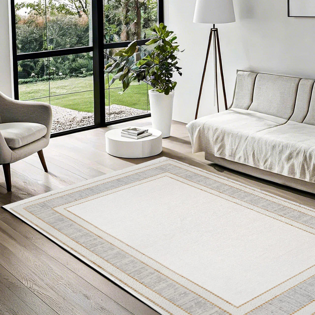 Antrasit Beyaz Bordürlü Minimalist Halı - Yıkanabilir - Kaymaz Taban - Pati Dostu